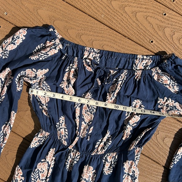 Boho cute navy/tan off shoulder tie front mini dress SZ M - Picture 5 of 10